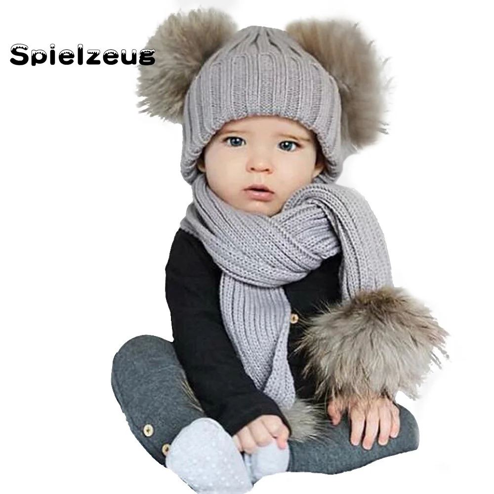 2 Pieces Set Baby Cute Winter Kids Hats Keep Warm Knit Wool Beanie Fur Pom Bobble Hat Crochet Cap Scarf Set#g4 |