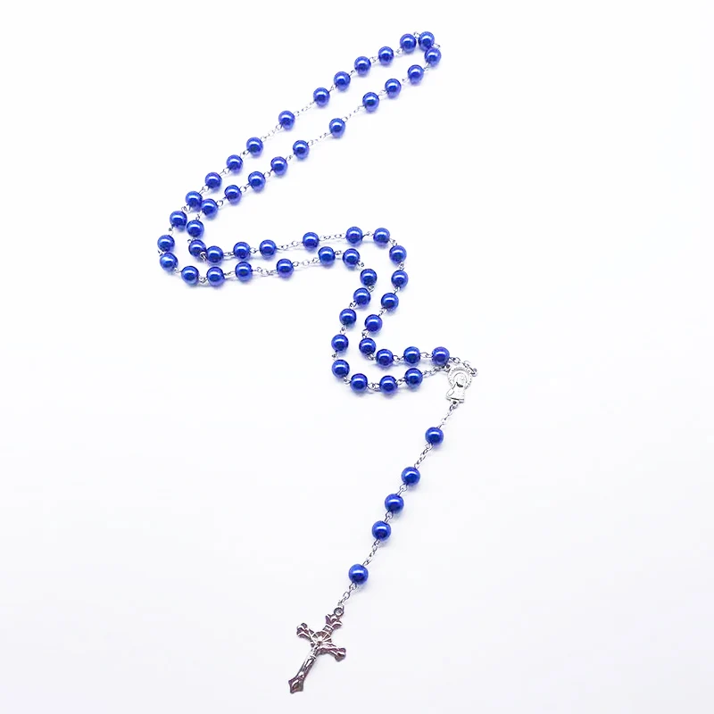 Модные 7 мм темно-синие жемчужные четки крест Мария религиозная молитва ожерелье