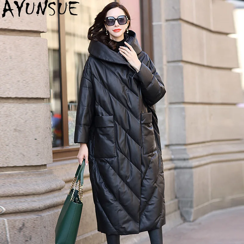 

2020 Genuine Leather Jacket Women Long Sheepskin Coat Female Winter Parkas Hooded Oversized Down Jackets Mujeres Abrigos Pph1798
