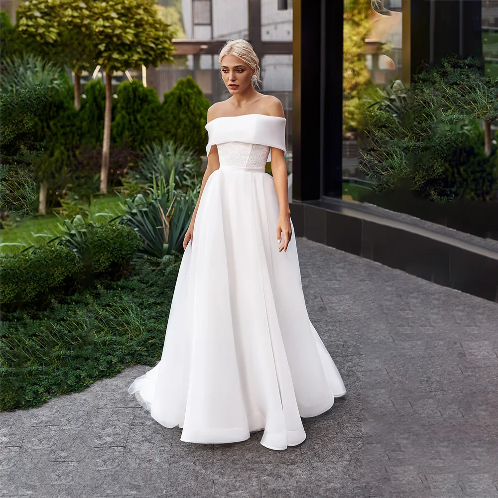 

UETEEY Princess Wedding Dress A-Line Off Shoulder Boat Neck Bride Gowns Sweep Train Lace Up Back 2022 Vestido De Noiva