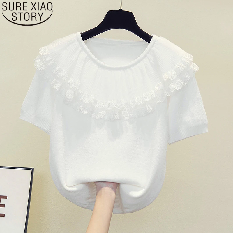 

Casual Women Clothing Shirts Tops Blouses 2022 Summer New Lace Blouse Knitted Shirts O-neck Loose Short Sleeve Tops 13938