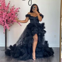 black tulle dress sexy sweetheart off shoulder ruffles tiered high low women birthday dress formal gowns for photo shoorts