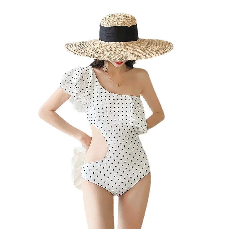 

Women One Piece Suits Monokini Korean Vacation Hot Springs Dot One Shoulder Ruffle Beach Swimwear Swimsuit Tankini Bathing Suit