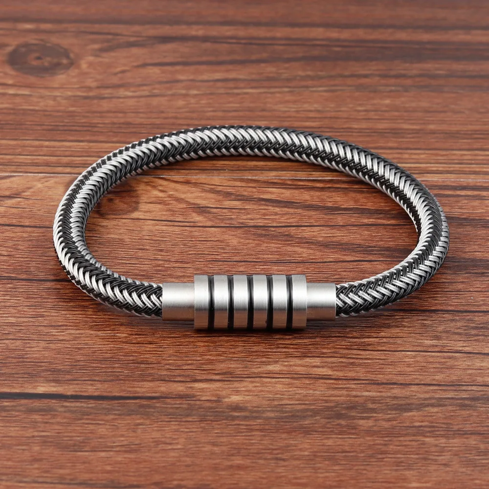 New Punk Black and White Braided Steel Wire Bracelet Magnetic Buckle Simple Style Fashion Wristband Men Stainless | Украшения и