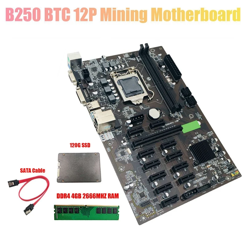 

B250 BTC Mining Motherboard with DDR4 4GB 2666Mhz RAM+SATA 120G SSD+Cable LGA 1151 12XGraphics Card Slot for BTC Miner