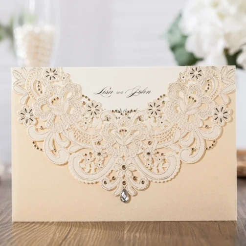 

50pcs Champagne gold Laser Cut Wedding Invitation Cards With drill Flowers laser Customizable CW6115