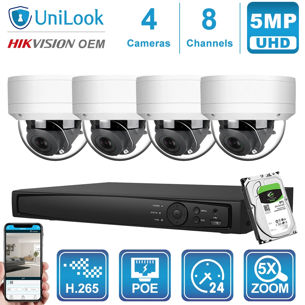 UniLook 8CH NVR 4/6/8 шт. 5 Мп PTZ POE IP камера 5X Zoom наружная система безопасности комплект