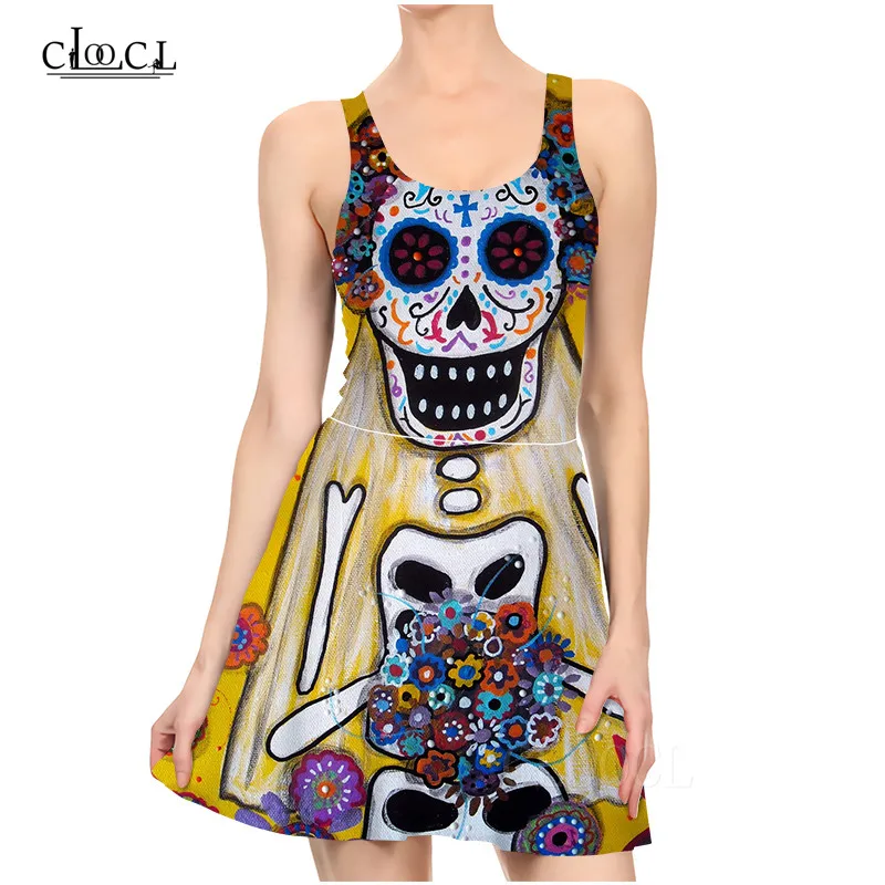 Женское винтажное платье с цветочным принтом и черепом летнее цельное