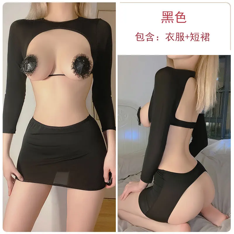 

Sexy Lingerie Women Hollow Bare Chest Super Short Long Sleeve Top Ultra Short Open Crotch Hip Skirt Temptation Sexy Suit