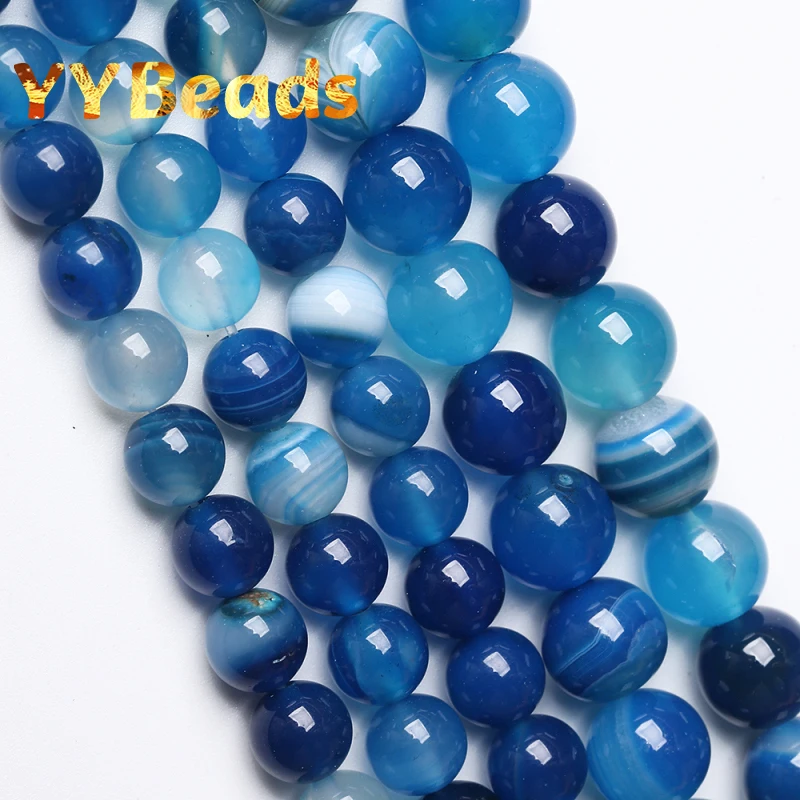 

Natural Blue Stripes Agates Beads 4 6 8 10 12mm Round Loose Spacer Charm Beads For Jewelry Making DIY Women Bracelets Ear Studs