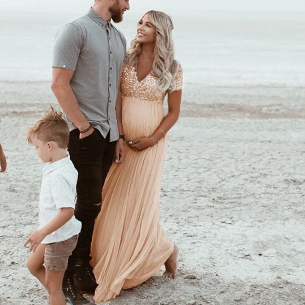 

Maternity Photography Props Pregnancy Dress Women Pregnant Short Sleeve Sequin Gold Dress For Photo Shoot Pregnant Dress