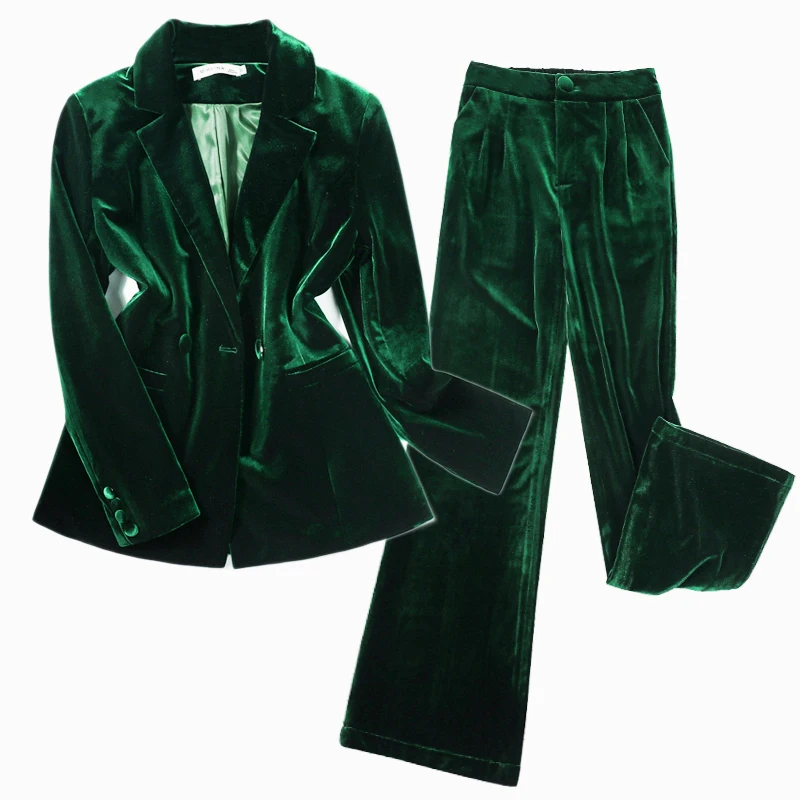 Spring and autumn women's new temperament high quality Solid color gold velvet blazer trousers business casual OL two-piece suit | Женская