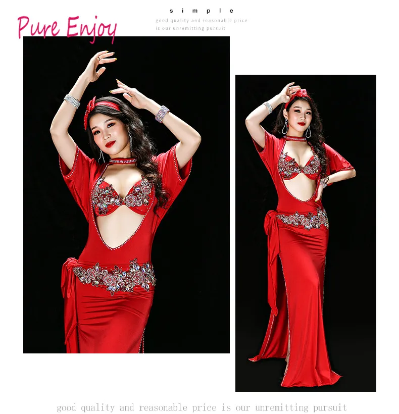 Красный Фиолетовый Костюм Танца Живота 5 Шт. Набор Женщины Bellydance Роскошный Египетский Стиль Galabeya Танцевальное Платье Спектакли