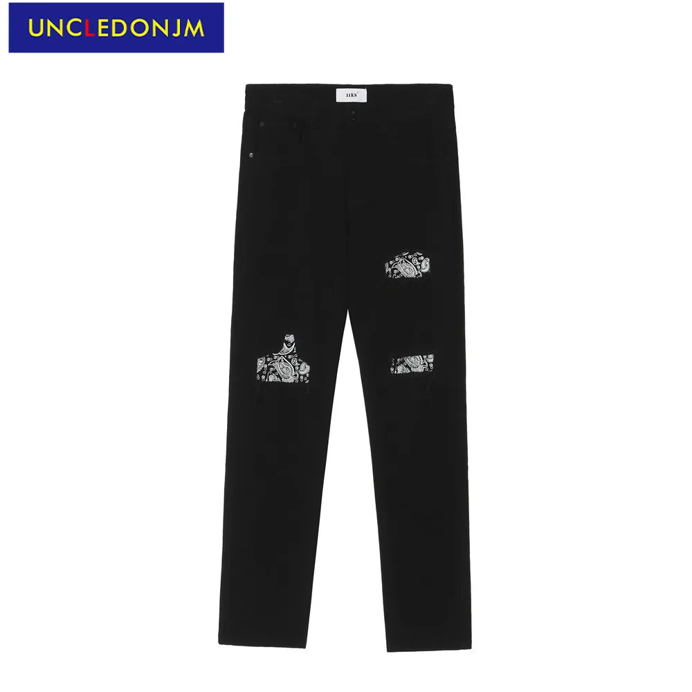 

UNCLEDONJM high street cashew flower patchwork ripped denim Jeans Men Streetwear bike skinny jeans Casual Pencil Pants K035