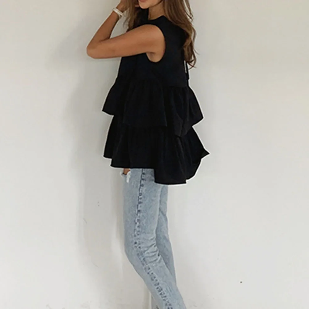 Блузка женская без рукавов с круглым вырезом и оборками|Блузки| |