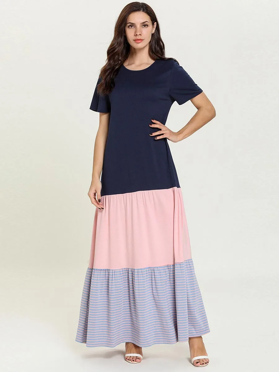

Muslim Dress Isamic Clothing Large Size Women's Fashion Contrast Color Stitching Short-Sleeved Summer And Autumn Arab Dress