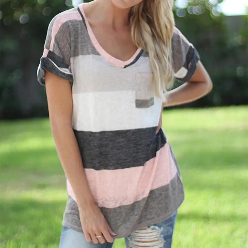 Женская футболка с коротким рукавом V образным вырезом и карманом|Футболки| |