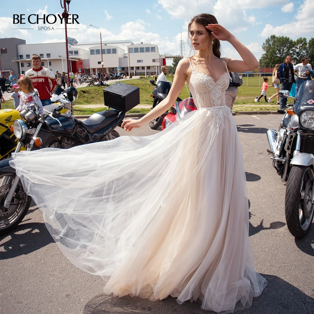 Vestido de Noiva Boho Свадебное платье с аппликацией из бисера милое на тонких бретелях