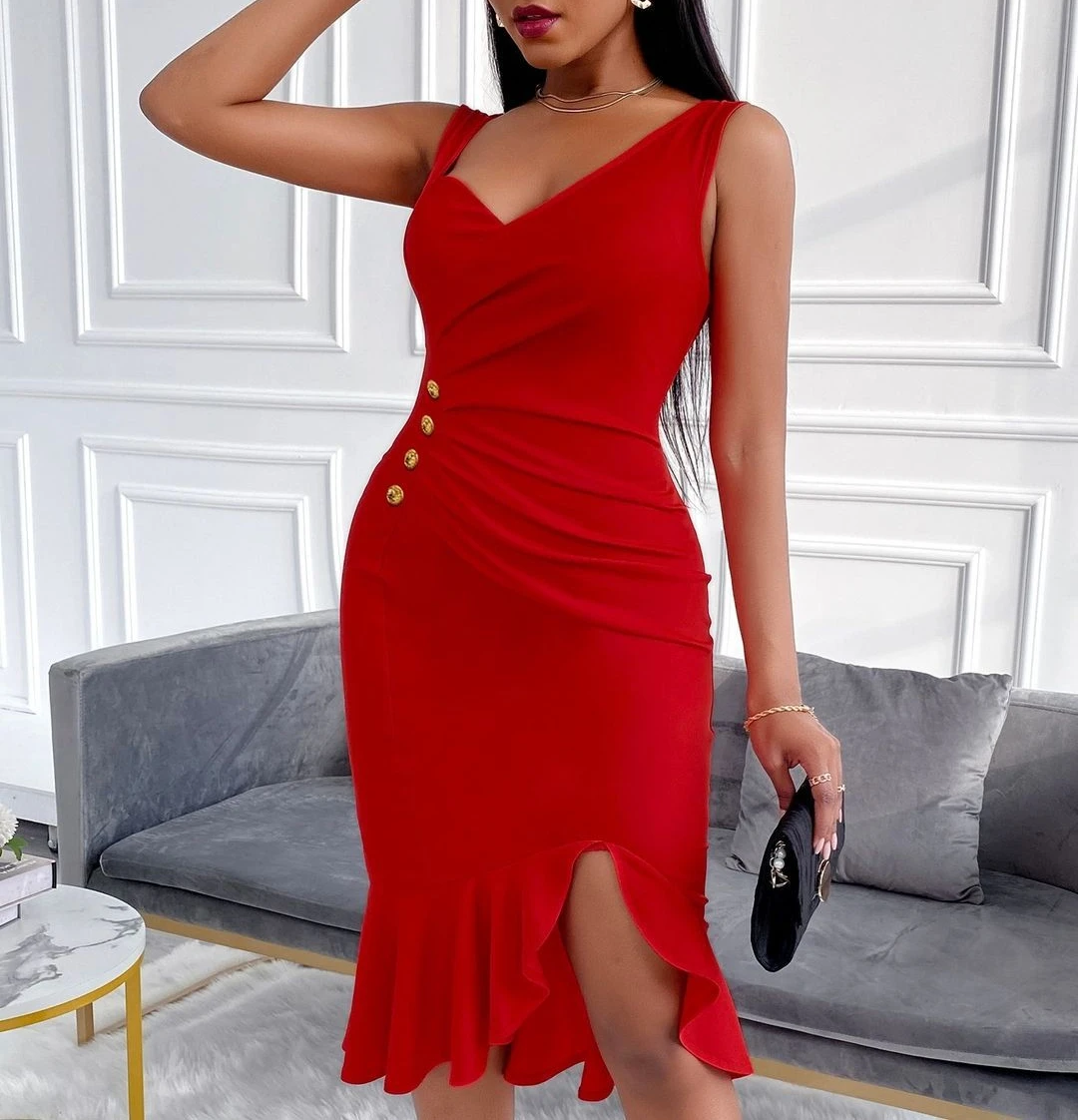 

2021 summer new style women's Fashion trend sexy V-neck solid color pleated button fishtail sleeveless red dress