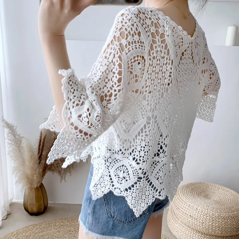 

Women Solid Color Lace Korean Style Vacation Beach Tops Loose Casual Hollow Knitted Summer Tops and Blouses