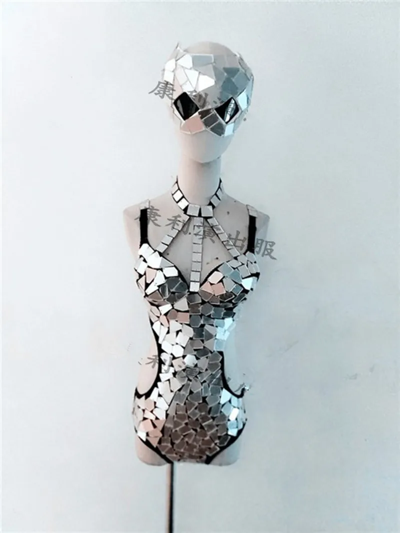Gold Silver Mirror Bodysuit Sequins Mask Sexy Hollow Out Backless Dance Costume Bar Night Club DJ Singer Dancer Team Bodysuits