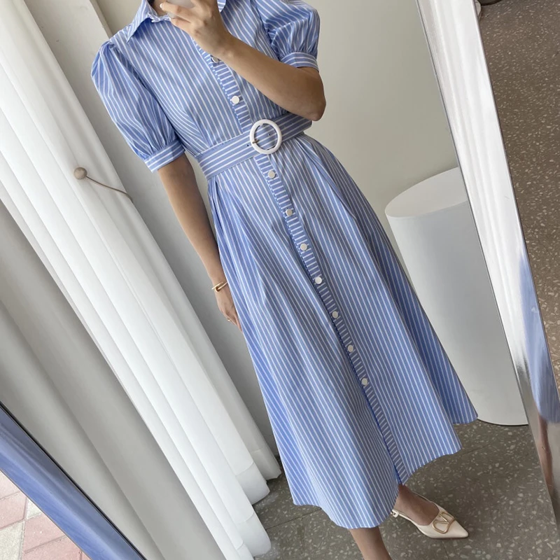 

GALCAUR Vintage Striped Dress For Women Lapel Puff Short Sleeve High Waist Single Breasted Dresses Females Clothing 2021 Summer