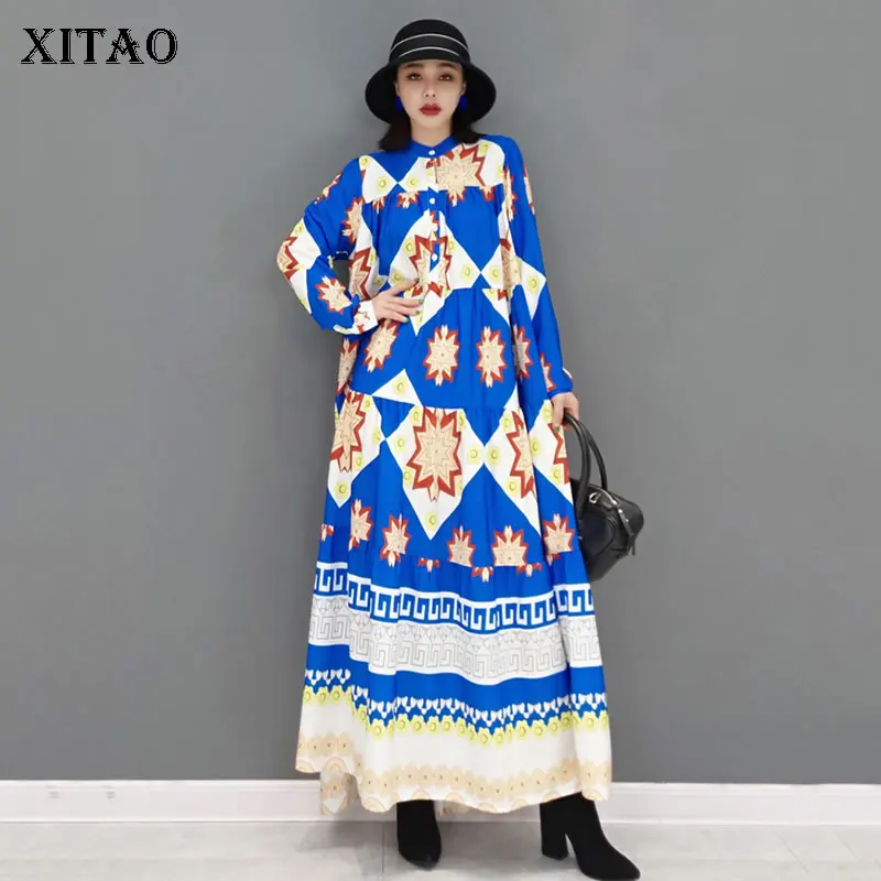 

XITAO New Dress 2021 Winter Fashion Large Size Casual Patchwork Print Long Sleeve Half High Collar Loose Long Women LL1075