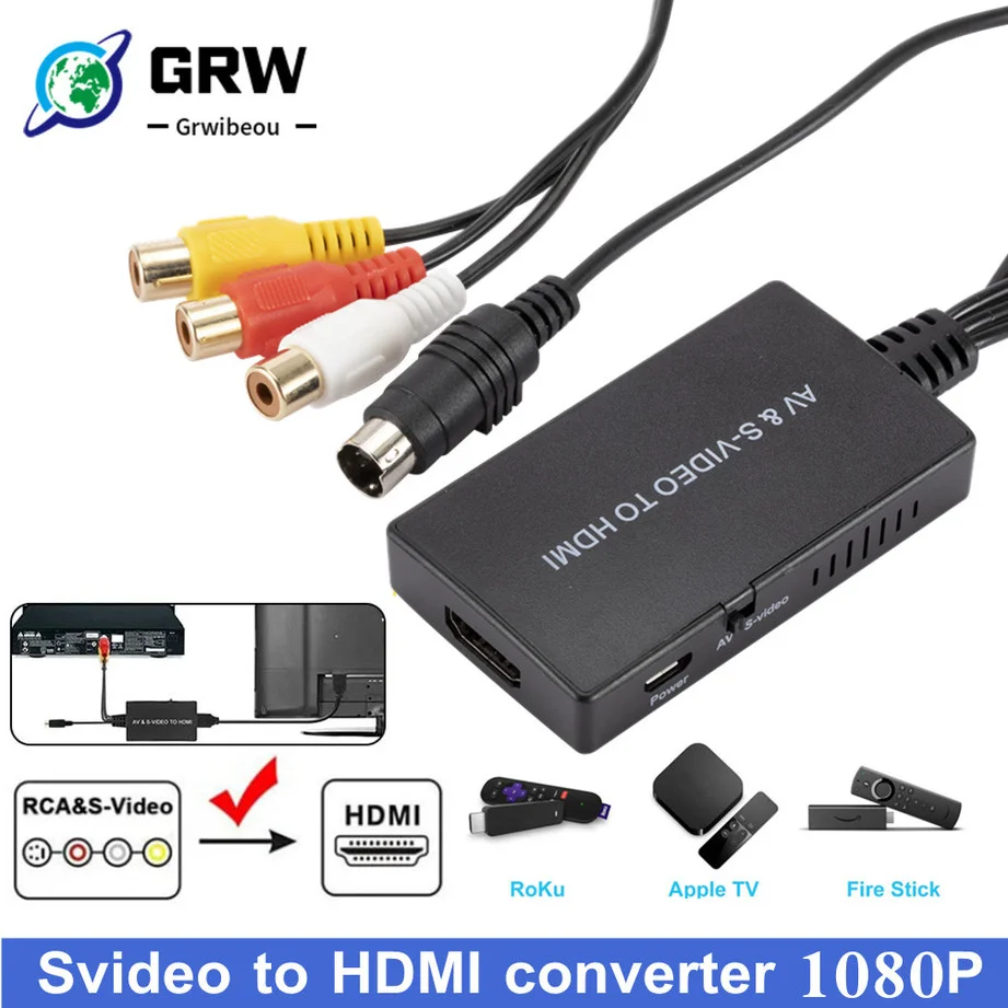GRWIBEOU SVideo to HDMI Converter AV S-Video Audio Vdieo Converter Adapter Support 1080P/ 720P Compatible with PS2/ PS3