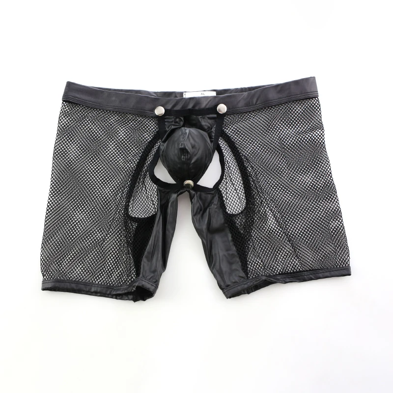 Мужские сетчатые боксеры AIIOU черные прозрачные из искусственной кожи с открытой