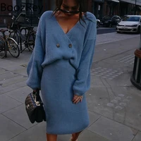 boozrey 2021 women blue color knitted two piece cardigan skirt casual suit cardigan sweater vintage fall clothes for women