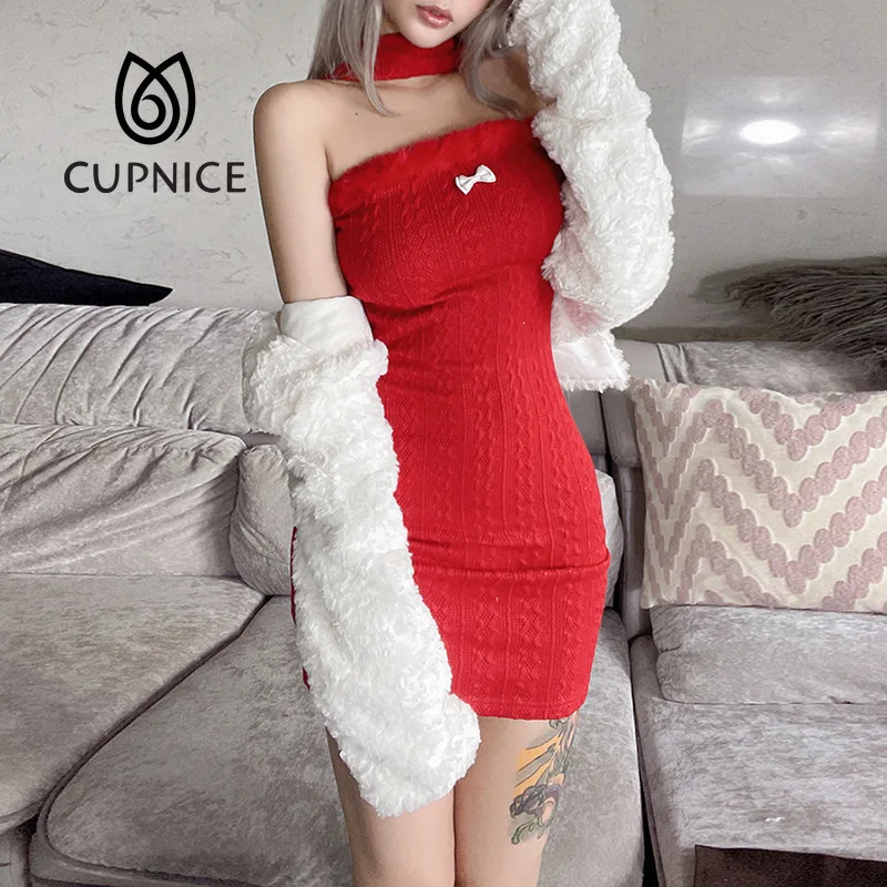 

CUPNICE Winter New Women Christmas High Waist Fashion Halter Sleeveless Red Knit Club Dress White Long Sleeve Plush Jacket suit