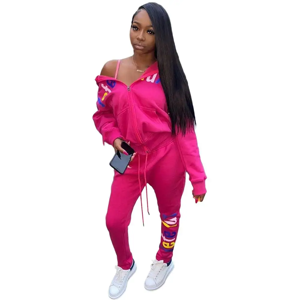 

Activewear Letter Print Classic Women's Set Zipper Hoodies Jogger Pants Set Sport Tracksuit Fitness Two Piece Set Outfit
