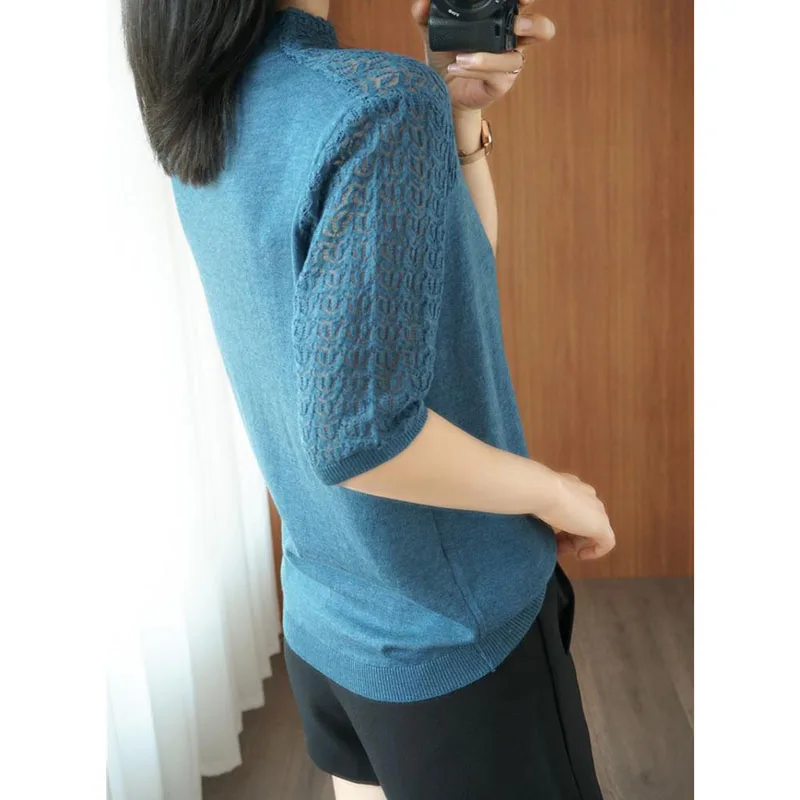 

Summer Hollow Out Pullover Tops Short Sleeve Thin Casual Knitted Pull Jumpers Cotton Lace Turtle neck Purple Jumpers Femme
