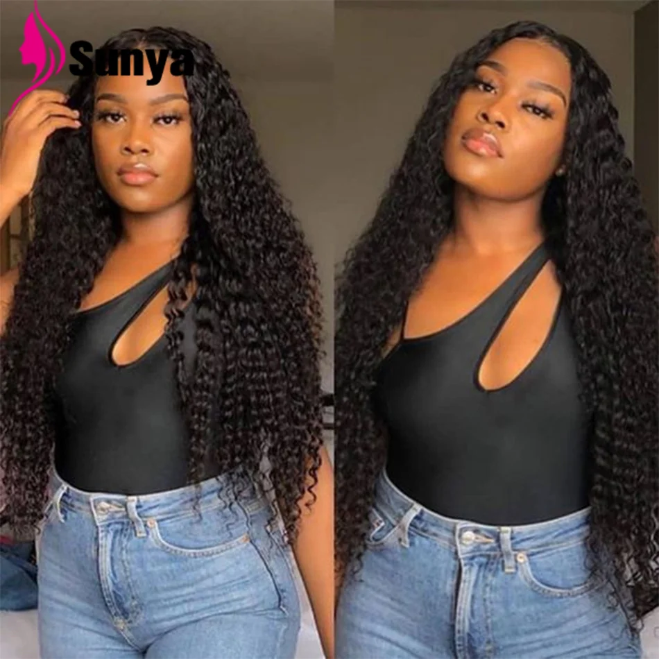 

100% человеческие волосы Sunya, Remy, натуральные волосы, кудрявые, 180% плотность, предварительно выщипанные Детские волосы 13*4, фронтальные, от уха ...