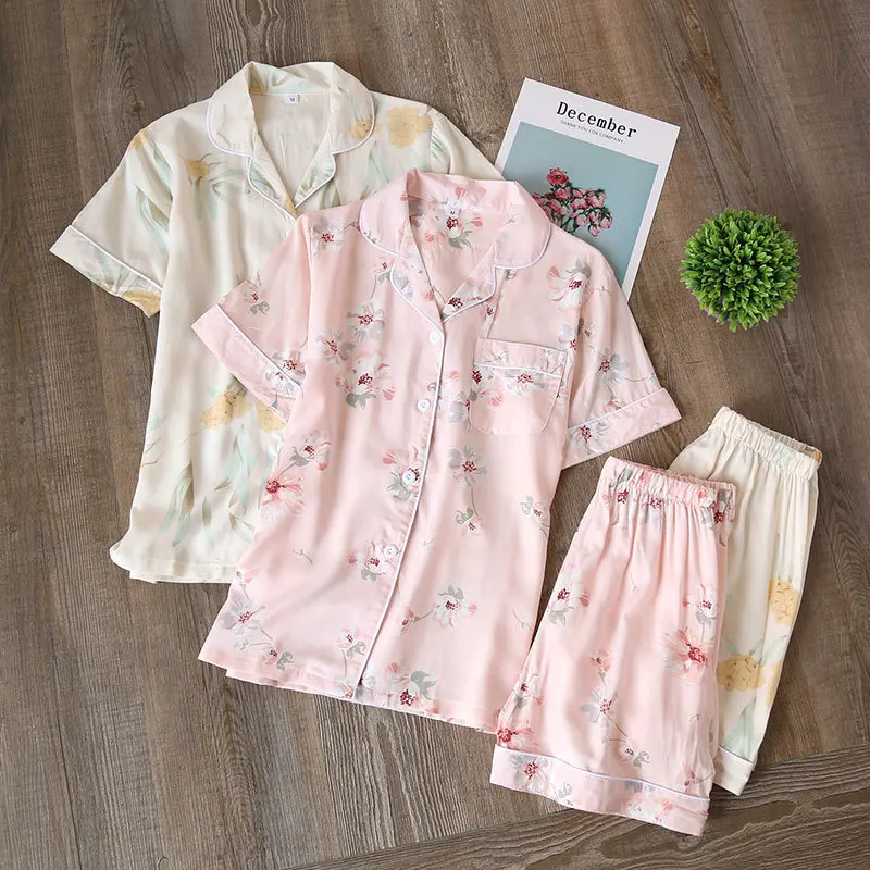 Summer Woman Pajamas Set Cotton Silk Short Sleeve with Shorts Thin  Person Cotton Sleepwear Woman's Cardigan Casual Home Wear