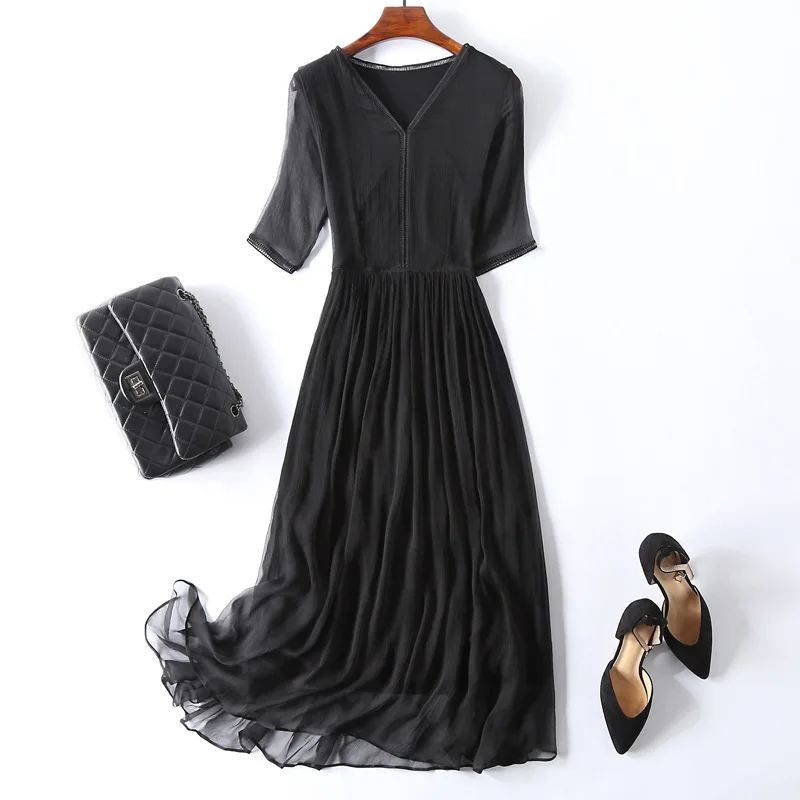 

2021 Women Spring Summer Casual Solid Loose Dress Lady Sexy V-neck Short Sleeve Pleated Vestidos Female Vintage Silk Dresses K78