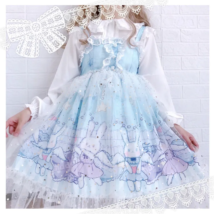 

Женское платье в стиле «лолита», цельное платье без рукавов с подтяжками и изображением ангела кролика и Алисы, оригинальный дизайн