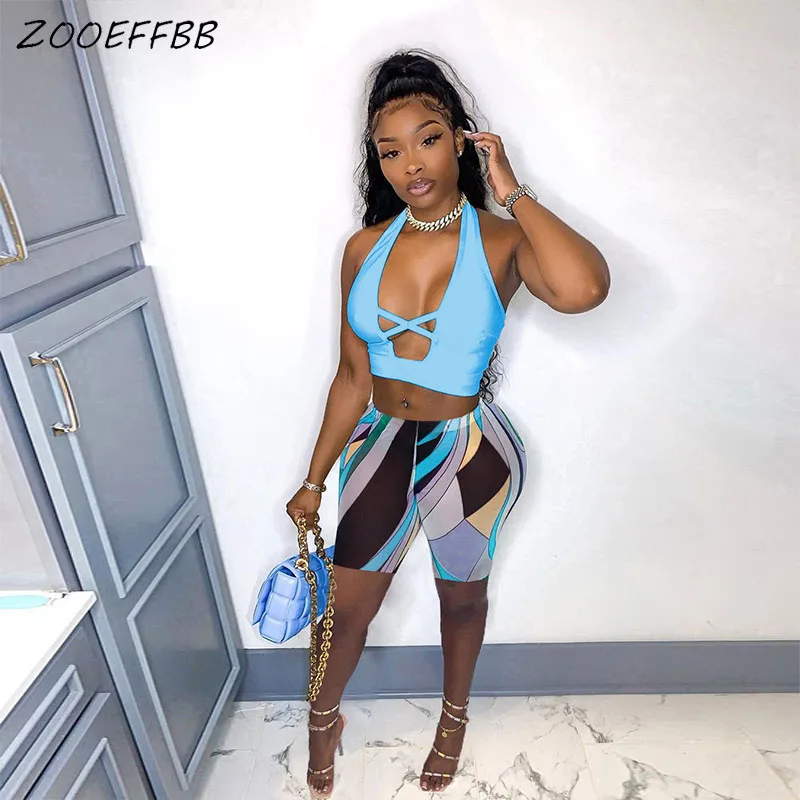 

ZOOEFFBB Sexy Print Summer Clothes 2 Piece Set Backless Crop Top and Shorts Vacation Outfits Lounge Wear Matching Sets for Women