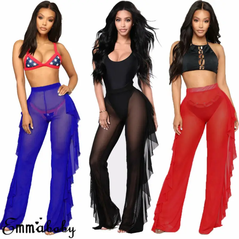 

Sexy Women Bikini Cover Up Plus Size Mesh Ruffles Sheer Wide Leg See-Through Long Pants Beachwear Bathing Suit Swimsuit Swimwear