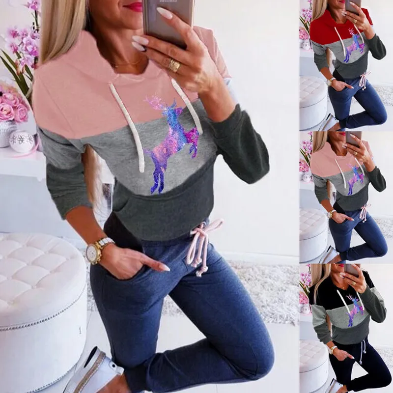 

New Autumn Winter Women Pullover Hooded Collar Color Matching Sweatshirt Women's Clothing Long Sleeve Elk Print Top Streetwear