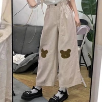 korean girls loose thin cartoon bear embroidery pants women japanese kawaii women soft girl pant wild casual female cute trouser