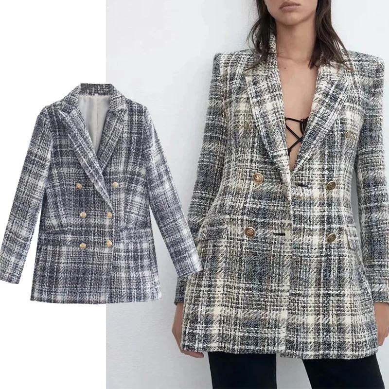 

TRAF Za Woman Blazer 2021 Autumn Women Fashion Plaid Texture Blazer Casual Suit Long Sleeve office Outerwear Chic Women Suit Coa