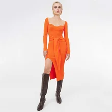 Women Orange Knitting Asymmtrical Dresses Fall/Winter Square Neck Bow Bandage Side Slit Bodycon Dress Solid Rib Knit Outfit (3)