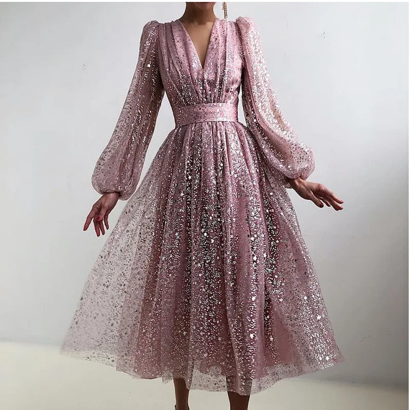 

Sexy Deep V Neck Mesh Bronzing Long Evening Wedding Party Dress Women 2021 Autumn Elegant Long Lantern Sleeve High Waist Dresses