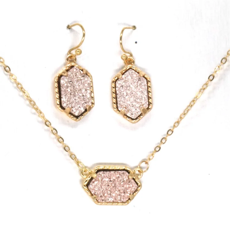 Druzy Drusy ожерелье серьги ювелирный набор с камнем из смолы золотые шестигранные