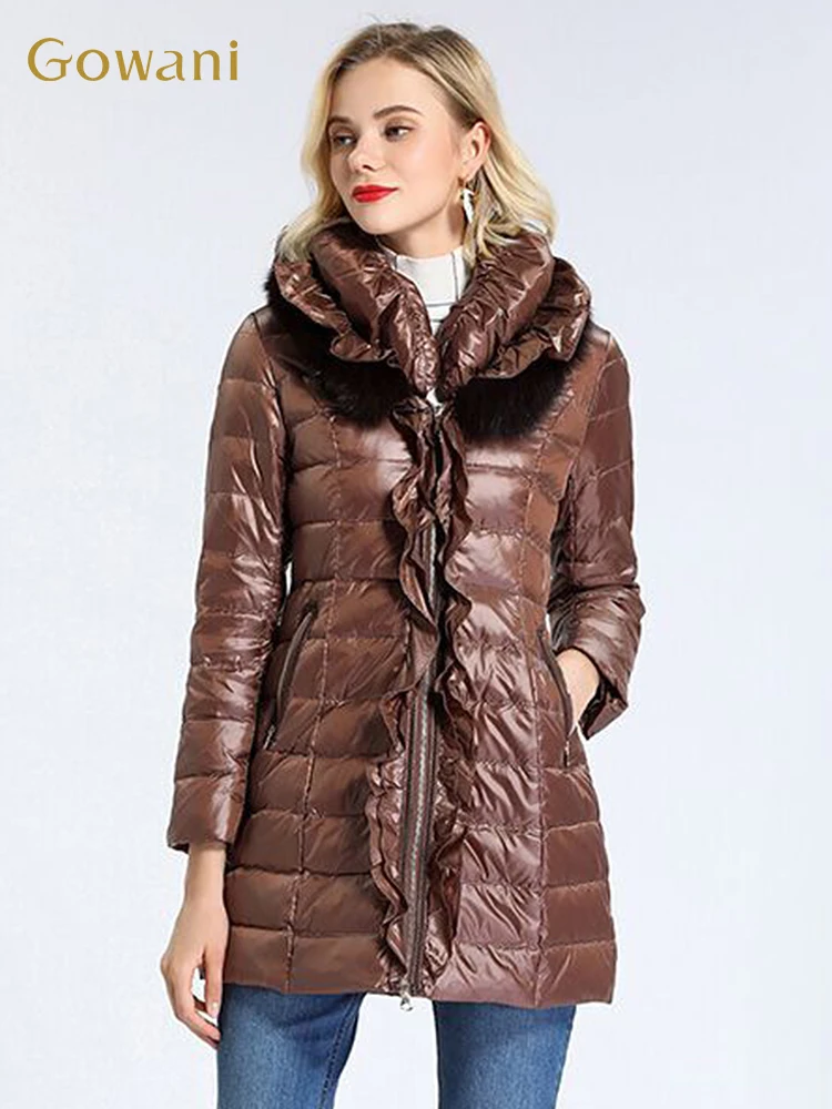 

Gowani Women's Winter Coats Jacket Real Fur Collar Ruffle-Trim Slim-fit Brown Long Down Female Coat Women's Clothing