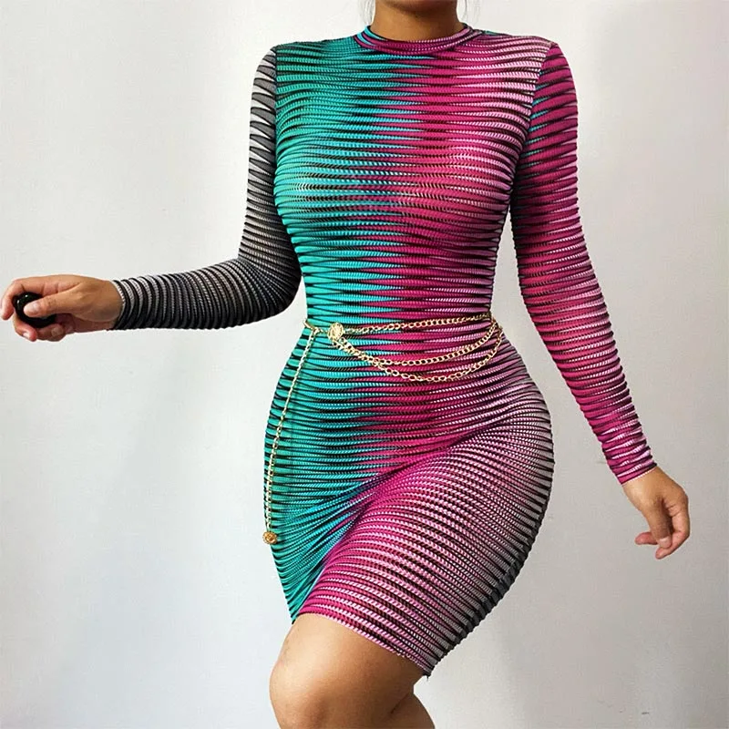 Women Summer Casual Print Dresses Long Sleeve Mini Bodycon Mesh Party Dress For Women