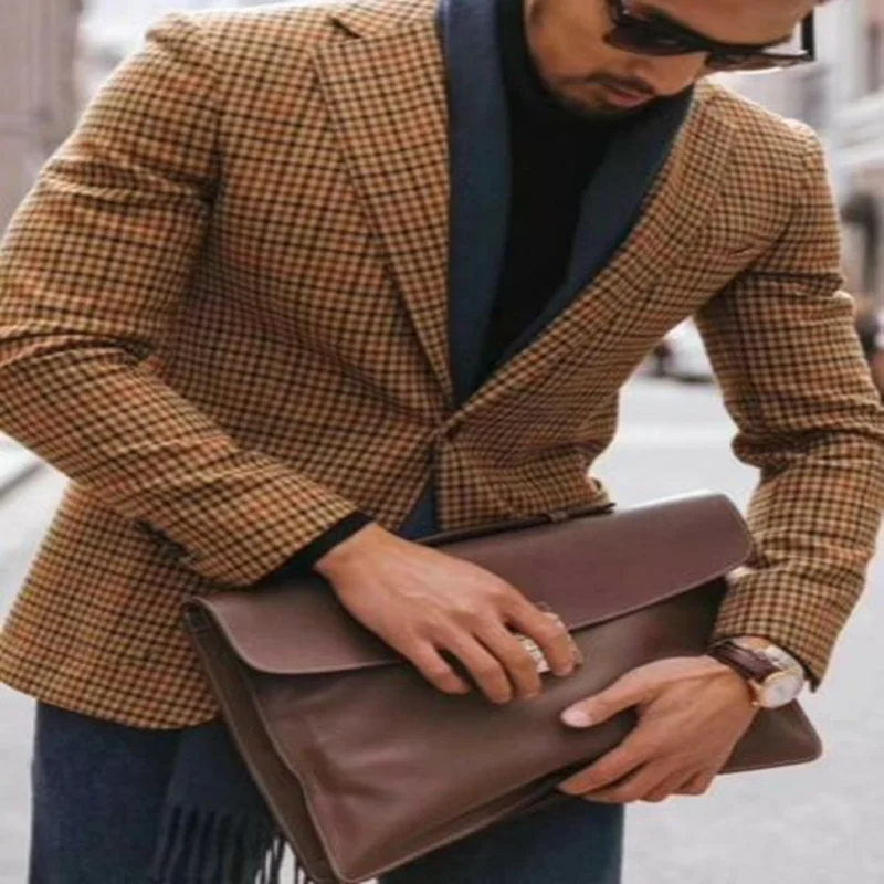 Мужской твидовый блейзер с узкими лацканами деловой смокинг для вечеринки