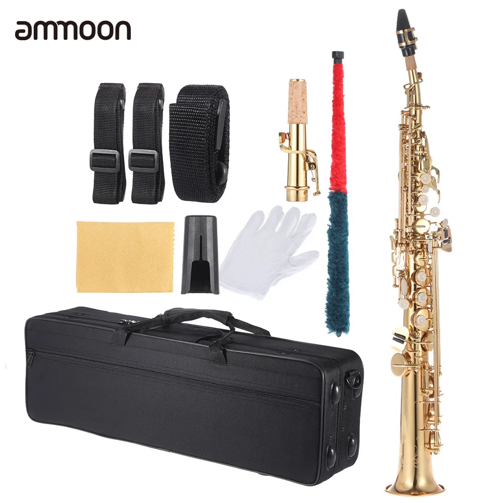 

ammoon Brass Straight Soprano Sax Saxophone Bb B Flat Woodwind Instrument Natural Shell Key Carve Pattern with Carrying Case