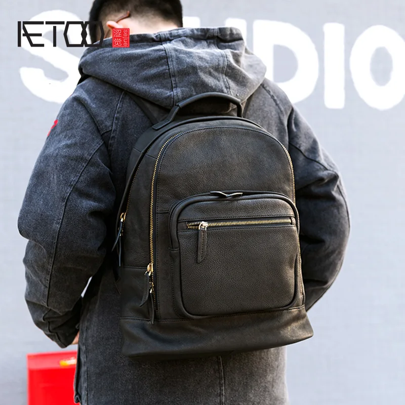 

AETOO Leather backpack, large capacity backpack for boys, casual business leather backpack